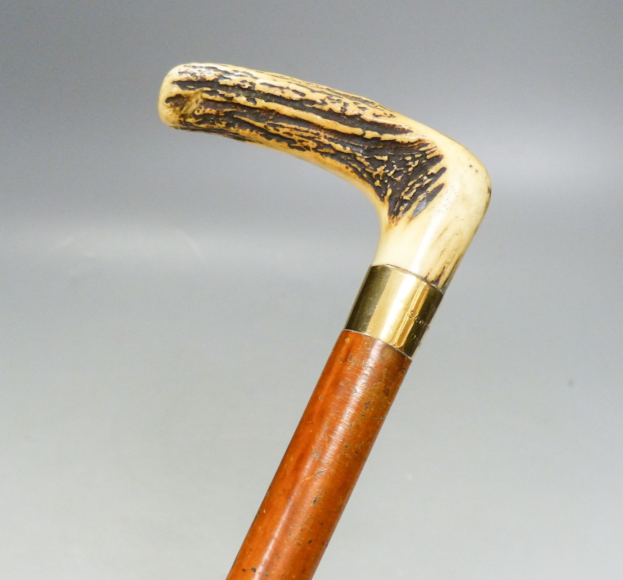 A Victorian 9ct gold mounted cane with antler handle 84cm